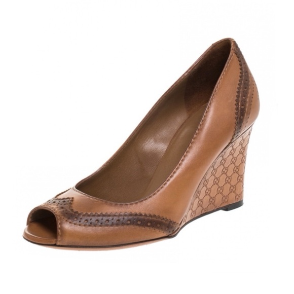 GUCCI Brogue Tan Leather Peep Toe Wedges | 41.5 - Picture 2 of 12